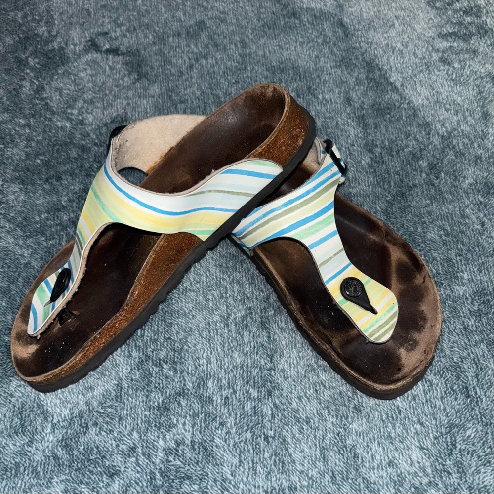 Birkenstock Striped Blue Green Yellow Thong Sandals